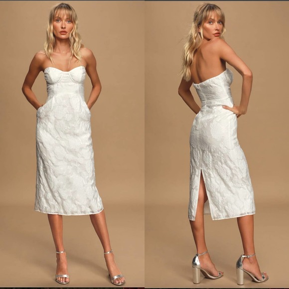 Lulu's From This Day Floral Jacquard Strapless Midi Dress In White Small New - Picture 1 of 16